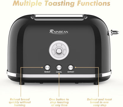 Toaster 2 Slice Retro Toaster Edelstahl mit 6 Brotschirm-Einstellungen und Bagel Cancel Aufwärm funktion, niedlicher Brot-Toaster mit extra breiten Slot und abnehmbarem Crumb Tablett