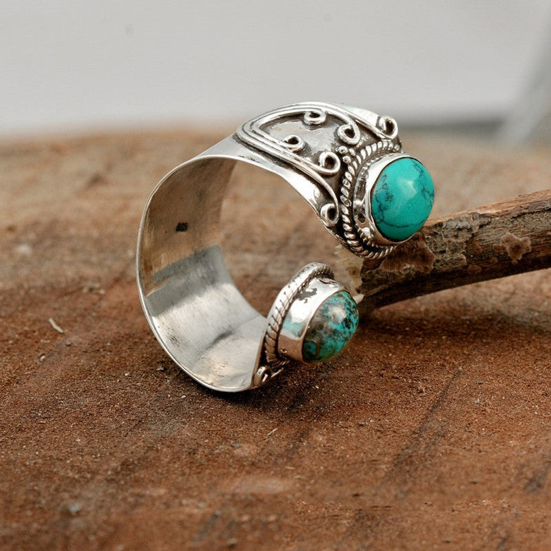 Vintage Inlaid Turquoise Silver Ring Women's Jewelry Adjustable