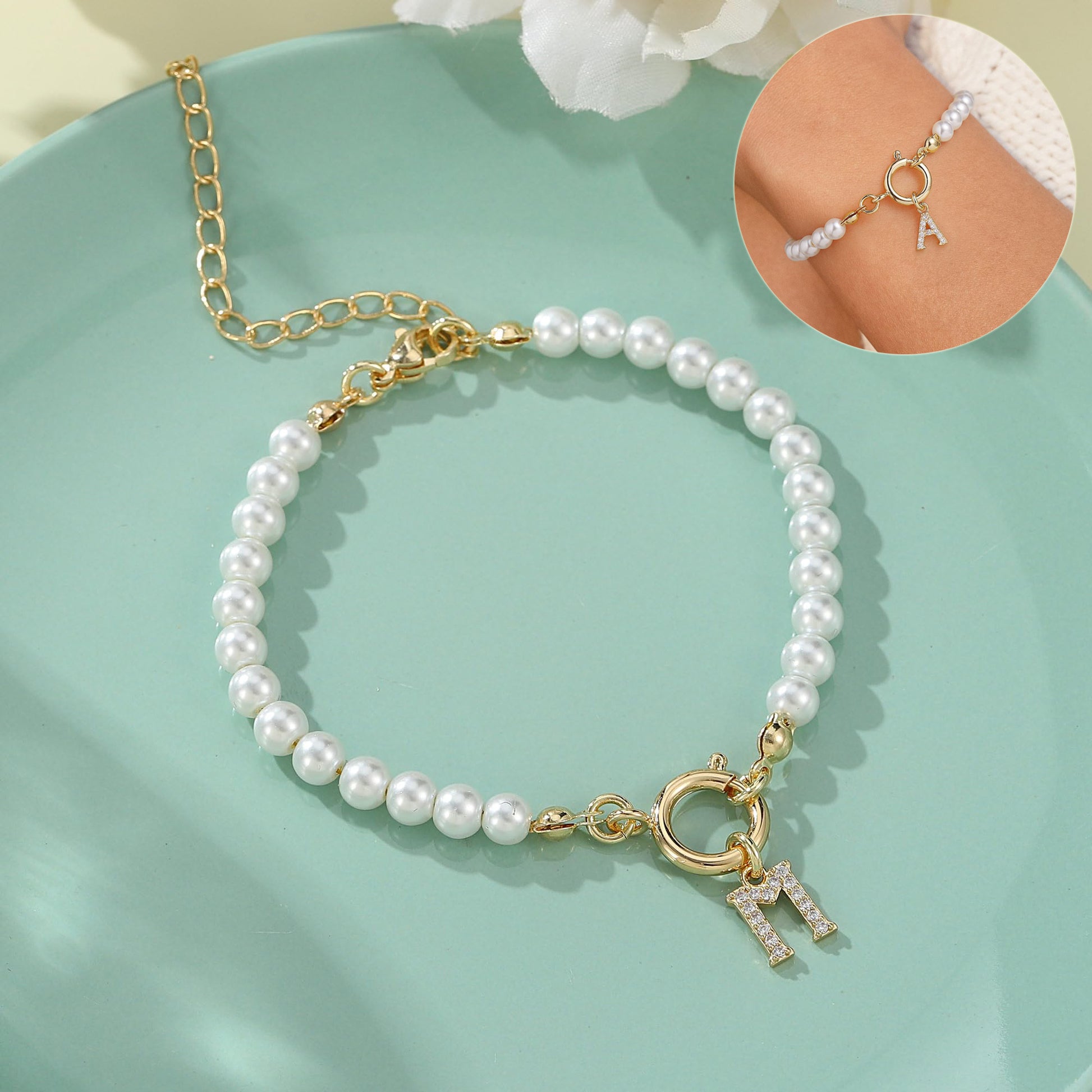 2024 New Fashion Toggle Clasp Initial Bracelet Women A-Z Letter Pendant 6mm Pearl Bracelet For Women Jewelry Gift - RazzX