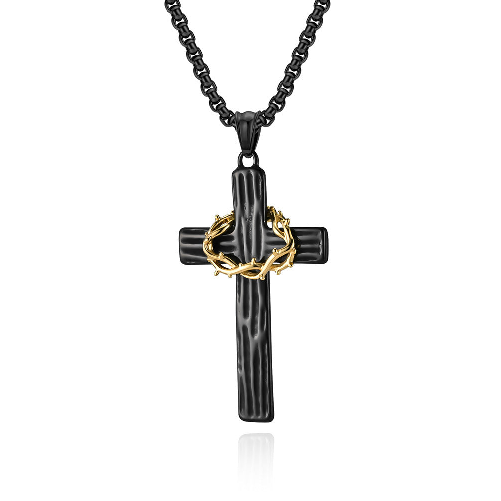 Vintage Garland Cross Two-piece Necklace Black Gold Wood Grain Stainless Steel Prayer Pendant Men's Jewelry