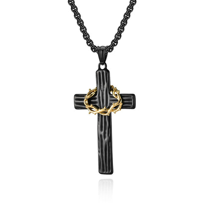 Vintage Garland Cross Two-piece Necklace Black Gold Wood Grain Stainless Steel Prayer Pendant Men's Jewelry