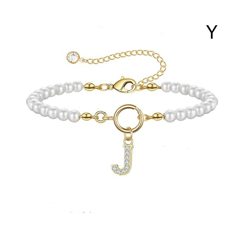 2024 New Fashion Toggle Clasp Initial Bracelet Women A-Z Letter Pendant 6mm Pearl Bracelet For Women Jewelry Gift - RazzX