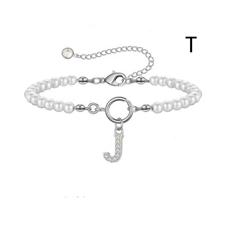 2024 New Fashion Toggle Clasp Initial Bracelet Women A-Z Letter Pendant 6mm Pearl Bracelet For Women Jewelry Gift - RazzX