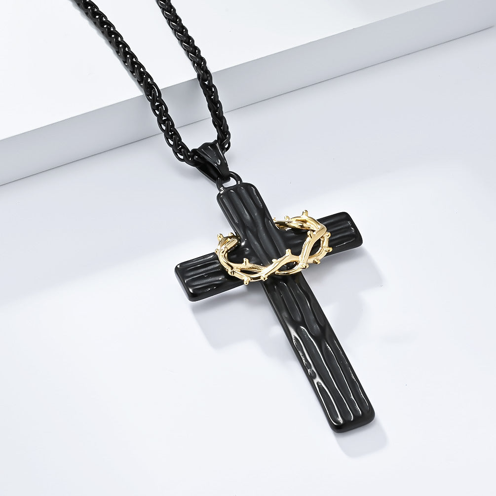 Vintage Garland Cross Two-piece Necklace Black Gold Wood Grain Stainless Steel Prayer Pendant Men's Jewelry