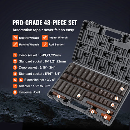 VEVOR Rive Impact Socket Set, 48 Piece Socket Set SAE  & Metric 8-22mm 6 Point Cr-V Drive Extension Bar Universal Joint & Power Drill Adapter Includes Storage Case