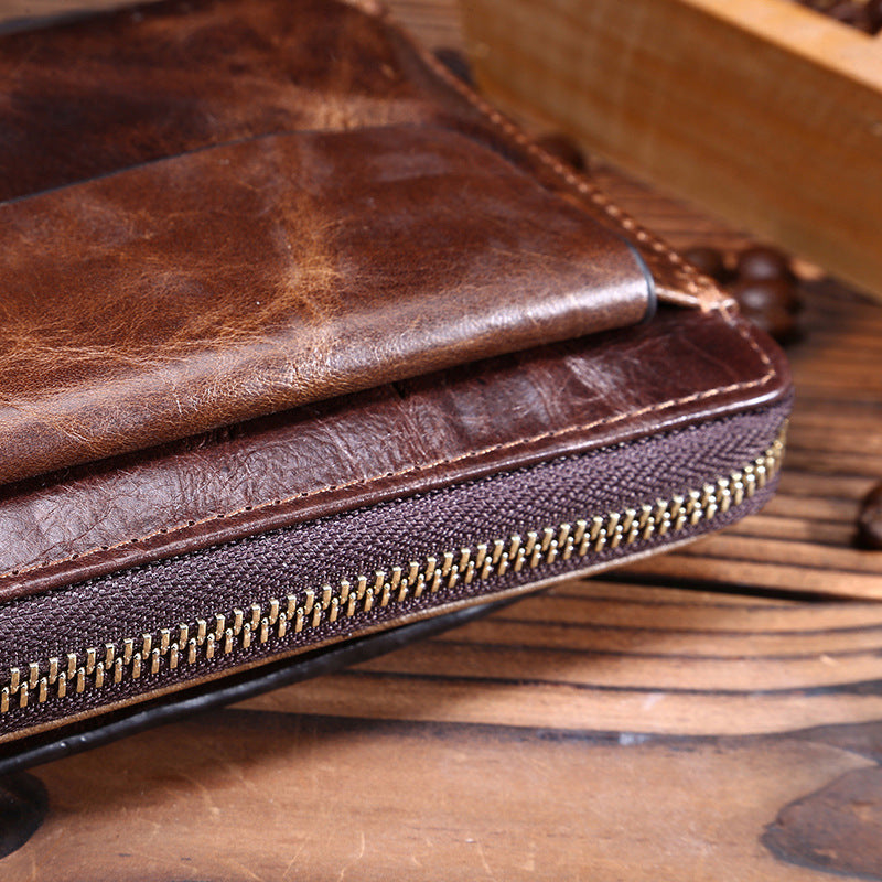 Vintage oil wax leather men's long wallet