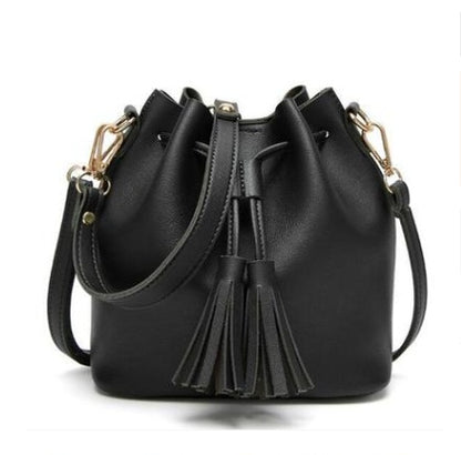 Vintage Fashion Small Women Leather Bucket Bag Handbag Tassel Drawstring Shoulder Bag