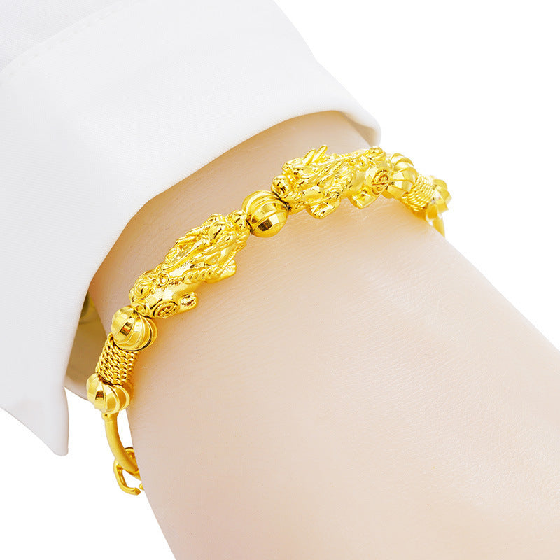 Vietnam Shajin Double Pixiu Push-Pull Bracelet, Gold-Plated Brass Jewelry