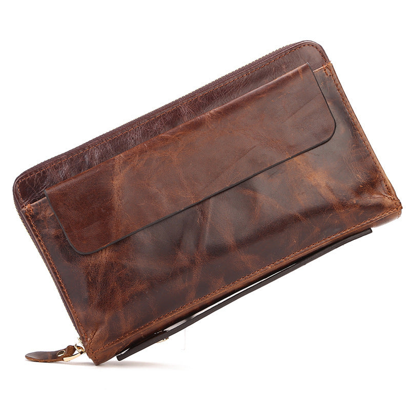 Vintage oil wax leather men's long wallet