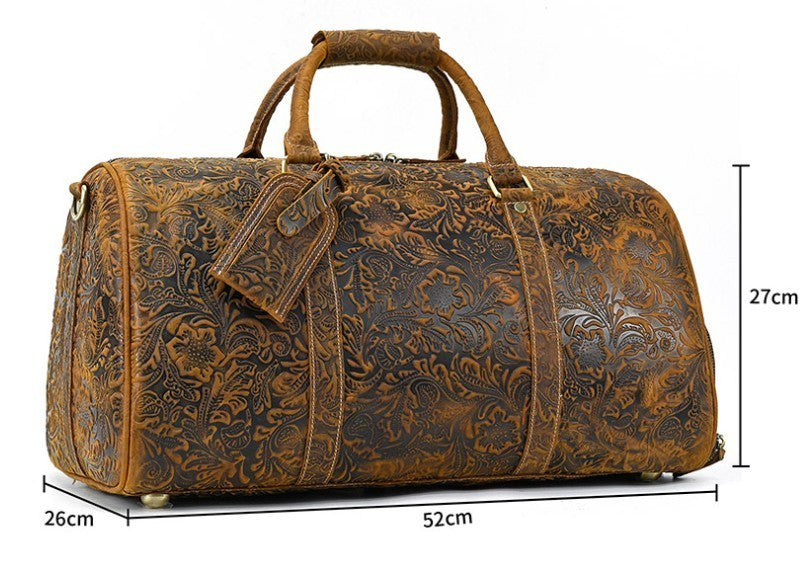 Vintage Print Luggage Bag Top Layer Cowhide Handbag Leisure Gym Bag