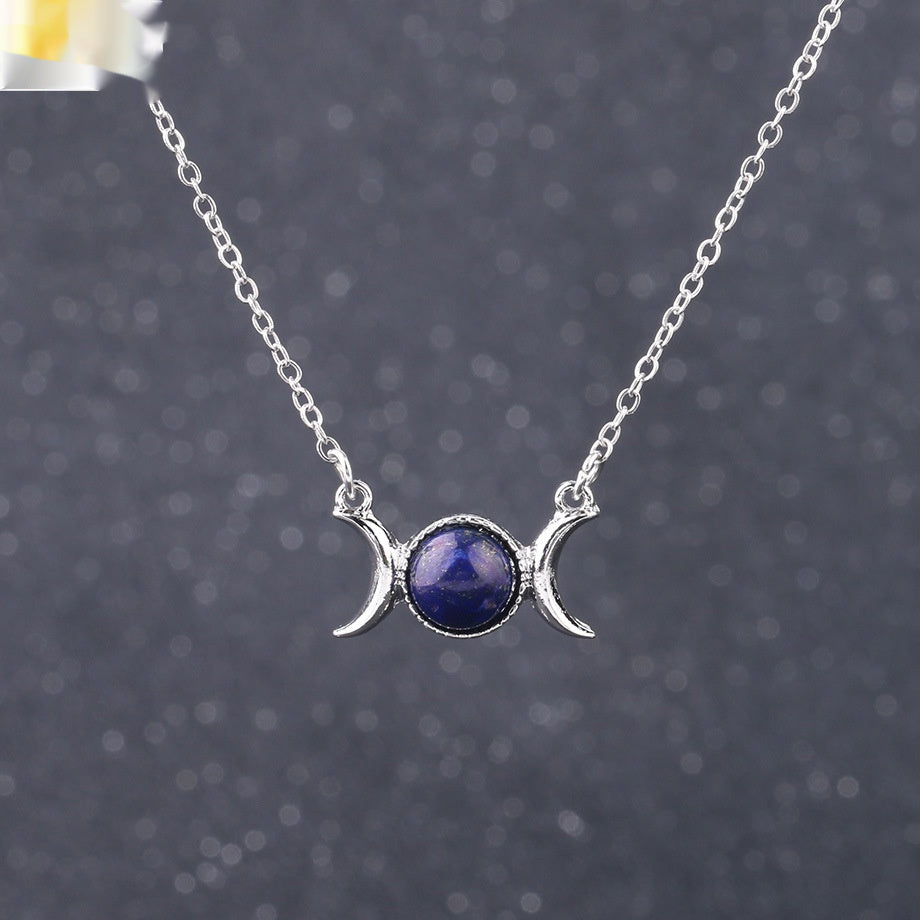 Vintage Crescent Lock Bone Moon Sun Pendant Silver Women's Natural Stone Necklace