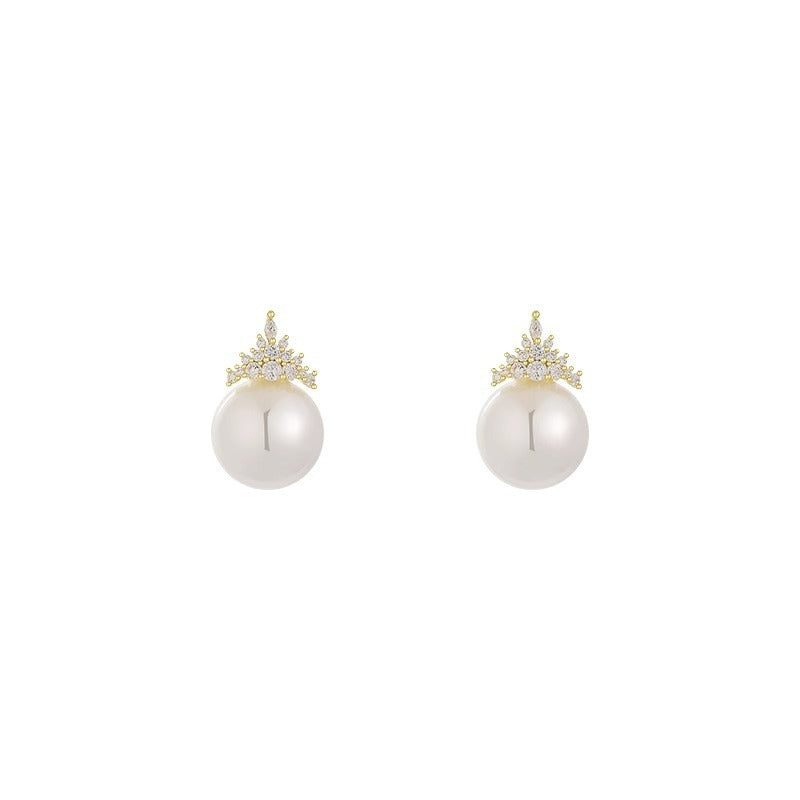 Zircon Crown Pearl Stud Earrings Retro