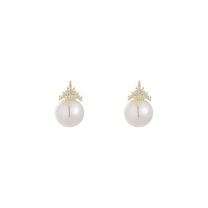 Zircon Crown Pearl Stud Earrings Retro