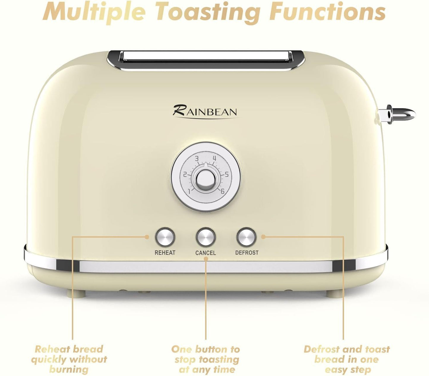 Toaster 2 Slice Retro Toaster Edelstahl mit 6 Brotschirm-Einstellungen und Bagel Cancel Aufwärm funktion, niedlicher Brot-Toaster mit extra breiten Slot und abnehmbarem Crumb Tablett