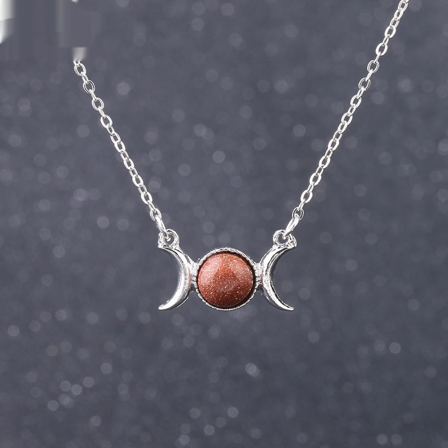 Vintage Crescent Lock Bone Moon Sun Pendant Silver Women's Natural Stone Necklace