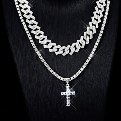 Zircon Cross Pendant Necklace Hip Hop Full Miami Curb Cuban Chain Iced Out Paved Rhinestones Bling Rapper Necklaces For Men Men's And Women's Clavicle Chain Jewelry