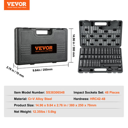 VEVOR Rive Impact Socket Set, 48 Piece Socket Set SAE  & Metric 8-22mm 6 Point Cr-V Drive Extension Bar Universal Joint & Power Drill Adapter Includes Storage Case