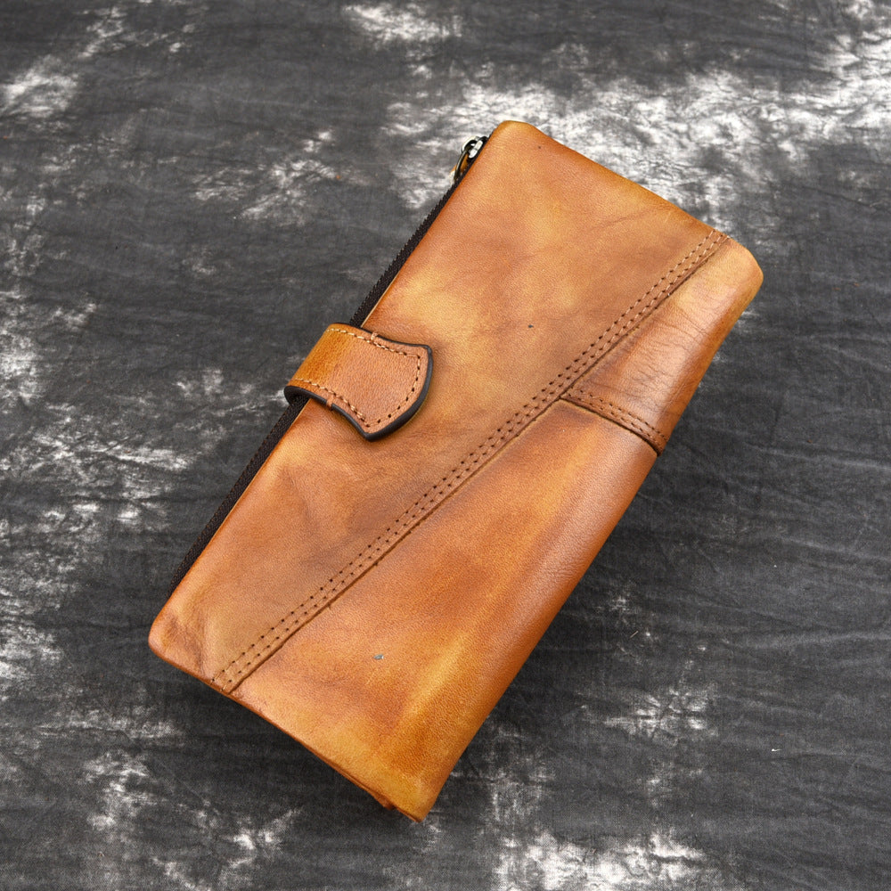 Vintage Rubbed Leather Fashion Stitching Long Wallet