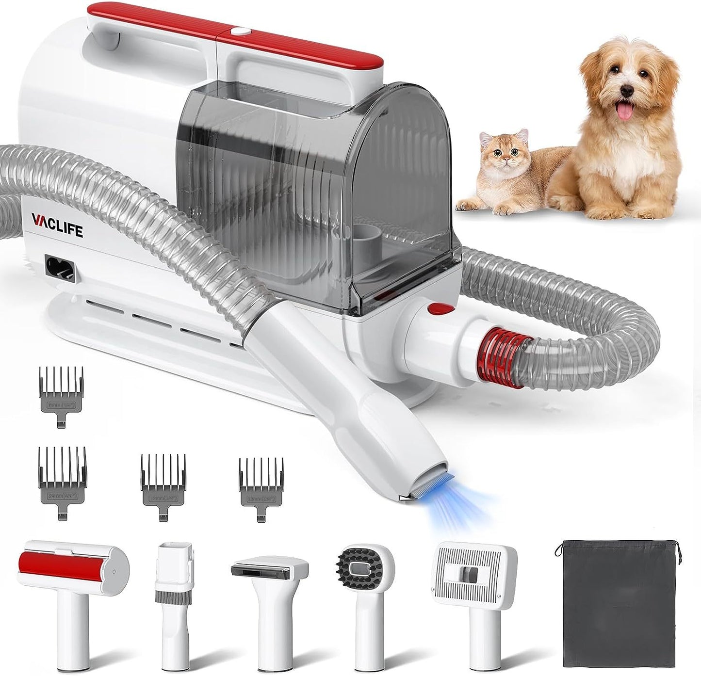 VacLife Pet Hair Vacuum For Shedding Grooming With Dog Clipper - Multipurpose Dog Grooming Kit With Brushes And Other Grooming Tools For Dogs And Cats - Low-Noise - White And Red