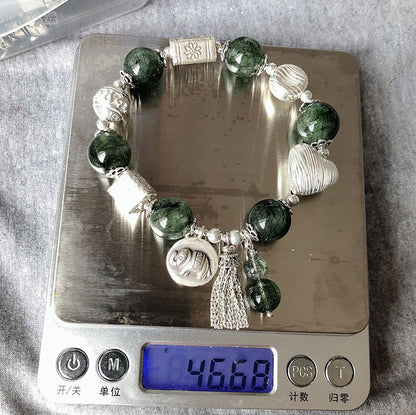 Vintage Silver Jewelry Diy Green Quartz Rutilated 925 Silver Elephant Tassel Bracelet