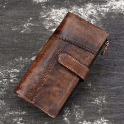 Vintage Rubbed Leather Fashion Stitching Long Wallet