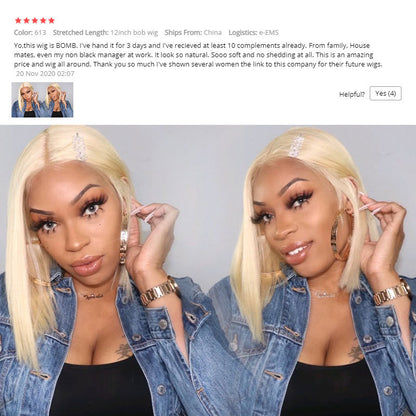 613 Blonde Bob Perücke Kurze Gerade Menschenhaar Perücken Für Frauen