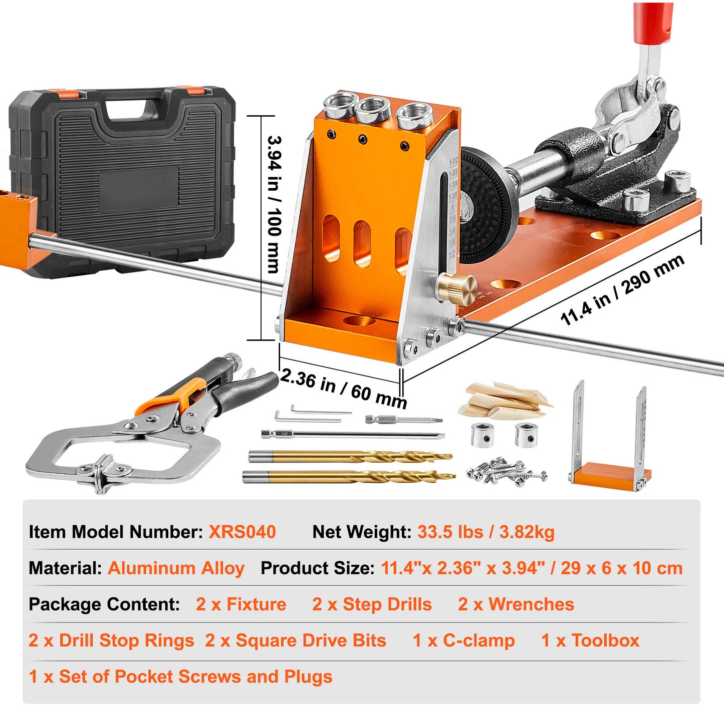 VEVOR Pocket Hole Jig Kit, 34 Pcs Pocket Hole Jig System With  Fixture, Step Drills, Wrenches, Drill Stop Rings, Square Drive Bits, Toolbox, Adjustable, For DIY Carpentry Projects