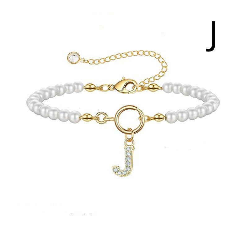 2024 New Fashion Toggle Clasp Initial Bracelet Women A-Z Letter Pendant 6mm Pearl Bracelet For Women Jewelry Gift - RazzX