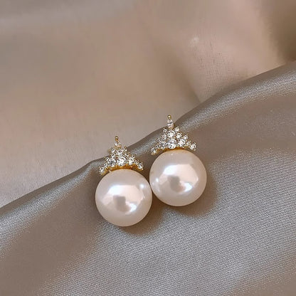 Zircon Crown Pearl Stud Earrings Retro