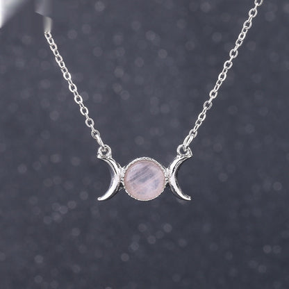 Vintage Crescent Lock Bone Moon Sun Pendant Silver Women's Natural Stone Necklace