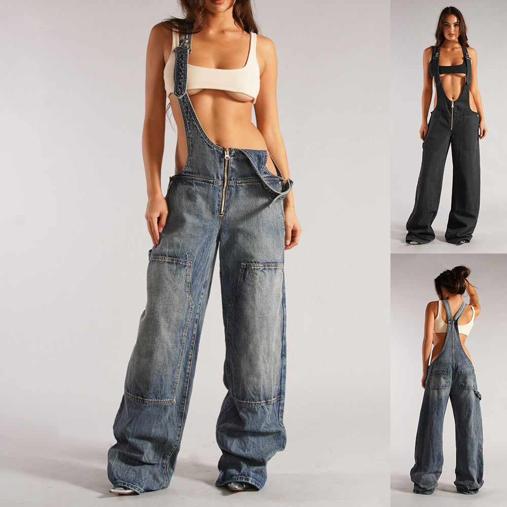 Y2K Denim Overalls mit Taschen Mode Lose Jumps uit Streetwear Reiß verschluss Jeans Hosen Damen bekleidung