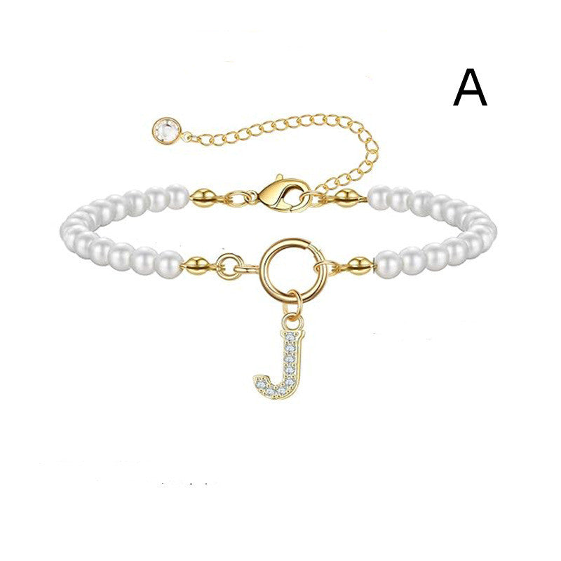 2024 New Fashion Toggle Clasp Initial Bracelet Women A-Z Letter Pendant 6mm Pearl Bracelet For Women Jewelry Gift - RazzX