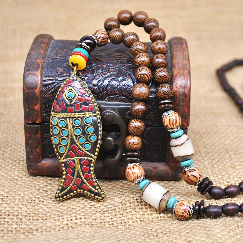 Vintage Long Necklace Handmade Turquoise Wood Beads Necklace for Women Fashion Jewelry