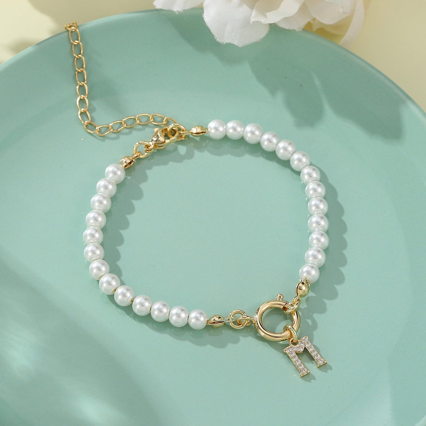 2024 New Fashion Toggle Clasp Initial Bracelet Women A-Z Letter Pendant 6mm Pearl Bracelet For Women Jewelry Gift - RazzX