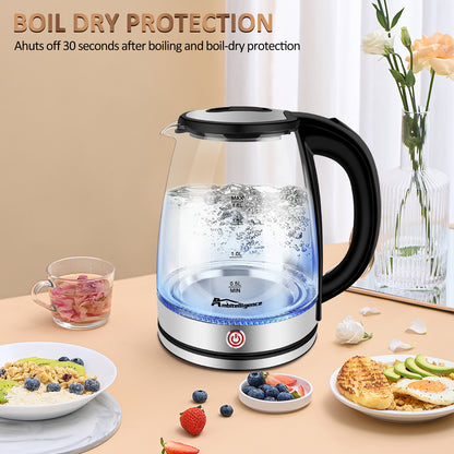 Wasserkocher warm halten, 1,8-l-Glas-Teekessel, Warmwasser kessel mit LED-Licht, automatischer Abschalt-und Trocken schutz zum Kochen, Edelstahl