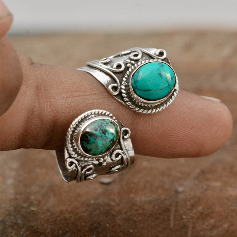 Vintage Inlaid Turquoise Silver Ring Women's Jewelry Adjustable