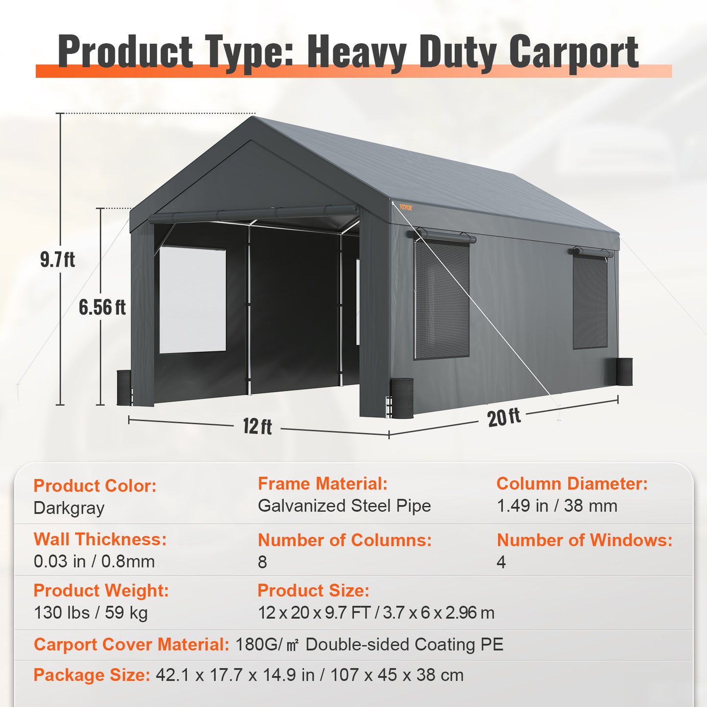 VEVOR Carport, Heavy Duty 12x20ft Car Canopy, Outdoor Garage Shelter With Removable Sidewalls, Roll-up Ventilated Windows & Door, UV Resistant Tarp For Car, Truck, Boat, Darkgray