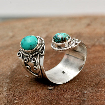 Vintage Inlaid Turquoise Silver Ring Women's Jewelry Adjustable