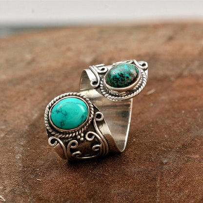 Vintage Inlaid Turquoise Silver Ring Women's Jewelry Adjustable