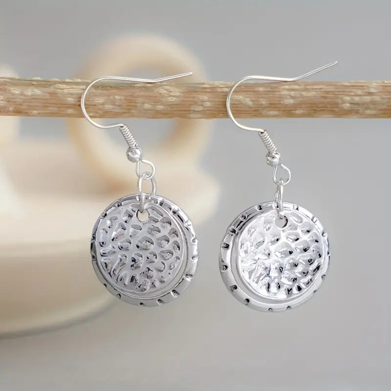 Vintage Bohemian Style Silver Disc Design Pendant Earrings