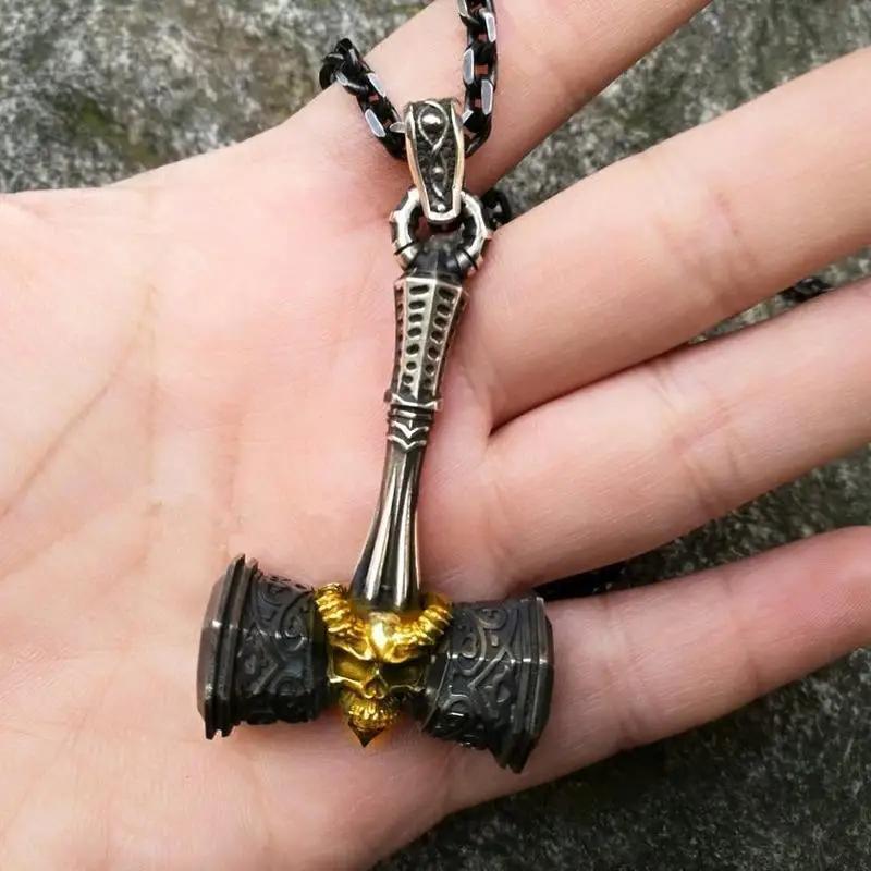 Vintage Viking Gold Skull Hammer Pendant Necklace