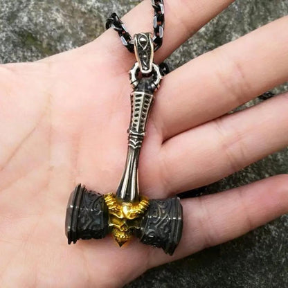 Vintage Viking Gold Skull Hammer Pendant Necklace