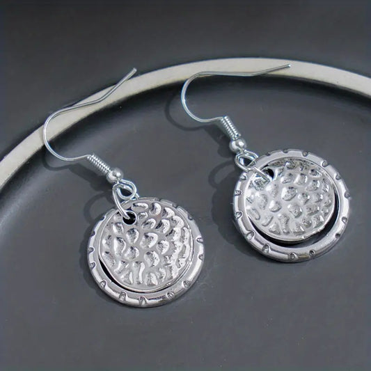 Vintage Bohemian Style Silver Disc Design Pendant Earrings