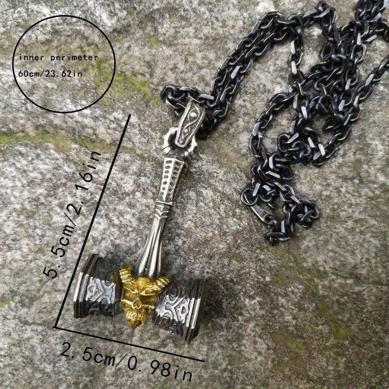 Vintage Viking Gold Skull Hammer Pendant Necklace