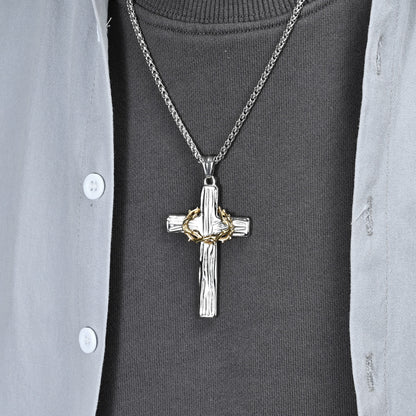 Vintage Garland Cross Two-piece Necklace Black Gold Wood Grain Stainless Steel Prayer Pendant Men's Jewelry