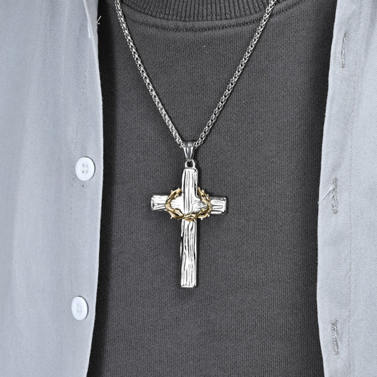 Vintage Garland Cross Two-piece Necklace Black Gold Wood Grain Stainless Steel Prayer Pendant Men's Jewelry