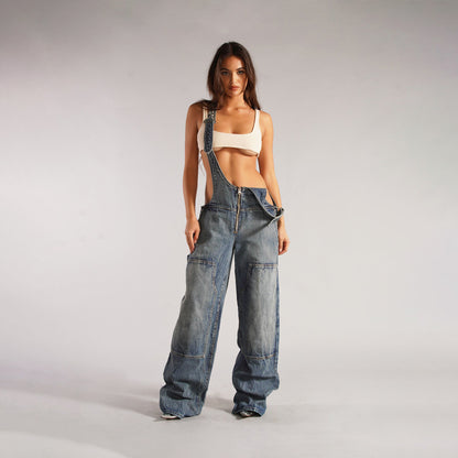 Y2K Denim Overalls mit Taschen Mode Lose Jumps uit Streetwear Reiß verschluss Jeans Hosen Damen bekleidung