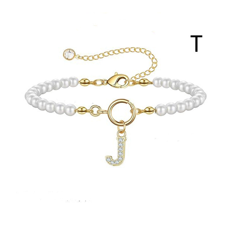 2024 New Fashion Toggle Clasp Initial Bracelet Women A-Z Letter Pendant 6mm Pearl Bracelet For Women Jewelry Gift - RazzX