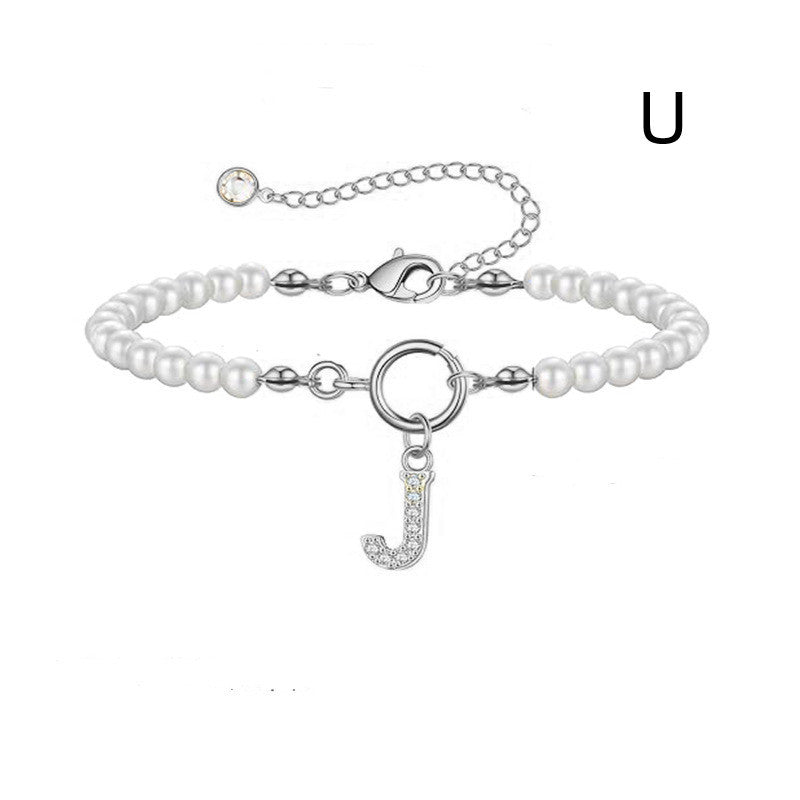 2024 New Fashion Toggle Clasp Initial Bracelet Women A-Z Letter Pendant 6mm Pearl Bracelet For Women Jewelry Gift - RazzX