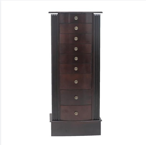 Wooden Floor Standing Jewelry Mirror Cabinet With 9 Layers And 8 Drawers And Double Doors